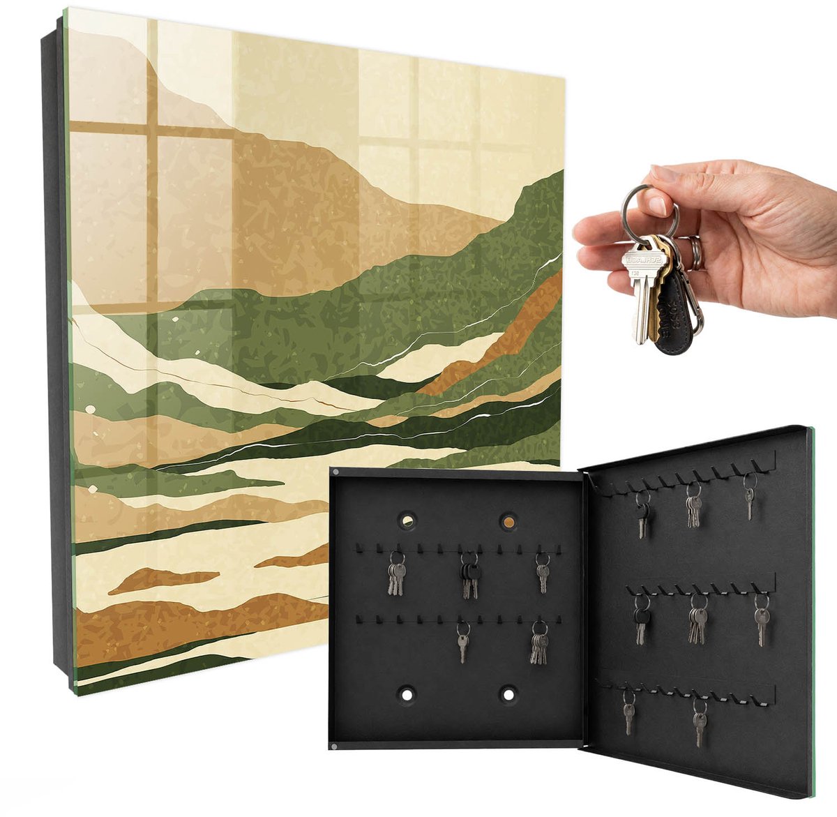 WallMuralia - Sleutelkast - 30x30x5 cm - met 50 haken - Bergvrede Groot Sleutelkastje - Beige Sleutelbox - Rechtsopenend - Zwart interieur