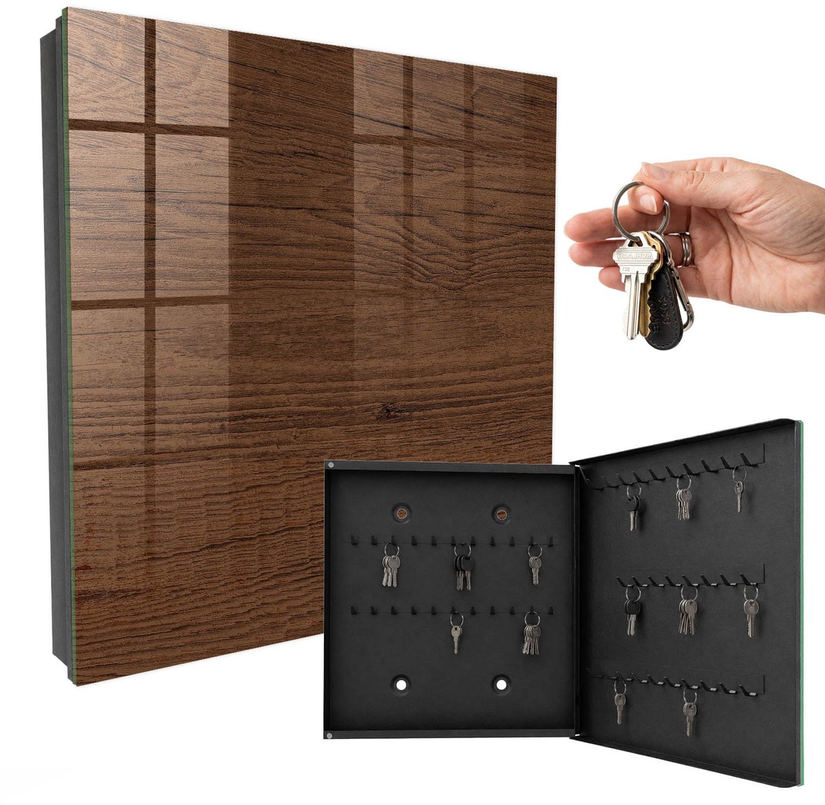 WallMuralia - Sleutelkast - 30x30x5 cm - met 50 haken - Houtstructuur Sleutelkastje Klein - Donkerbruin Sleutelbox - Rechtsopenend - Zwart interieur