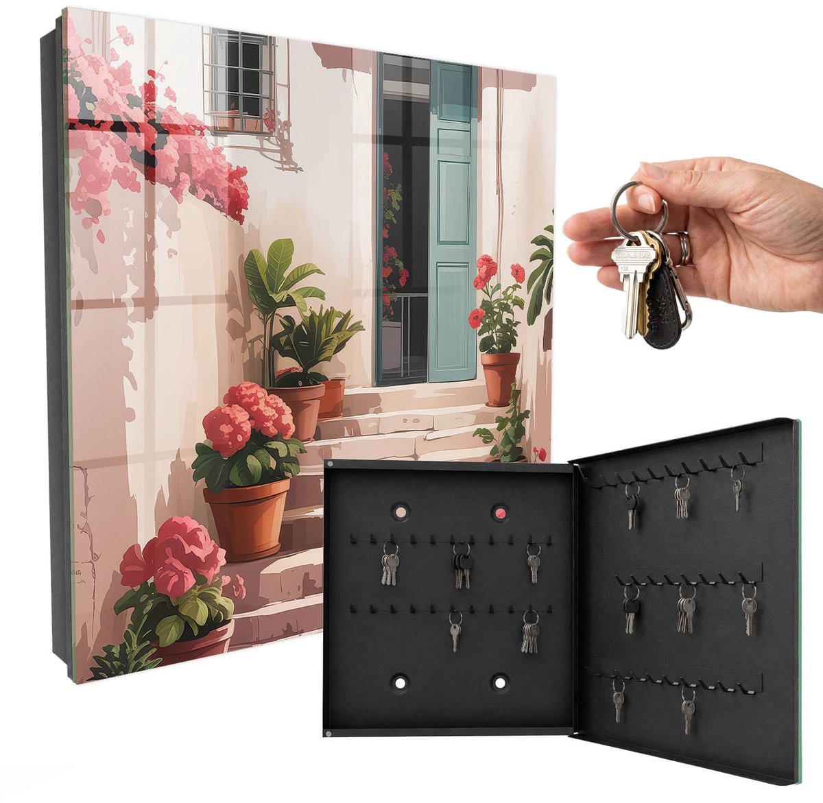 WallMuralia - Sleutelkast - 30x30x5 cm - met 50 haken - Bloemen Trap Design Sleutelkastje - Romig Sleutelbox - Rechtsopenend - Zwart interieur