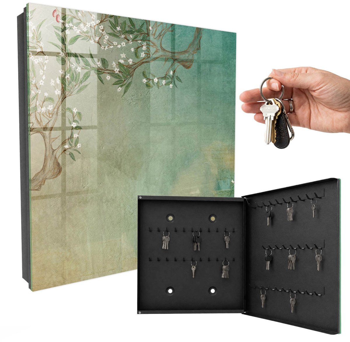 WallMuralia - Sleutelkast - 30x30x5 cm - met 50 haken - Bloeiende Boom Groot Sleutelkastje - Turkoois Sleutelbox - Rechtsopenend - Zwart interieur