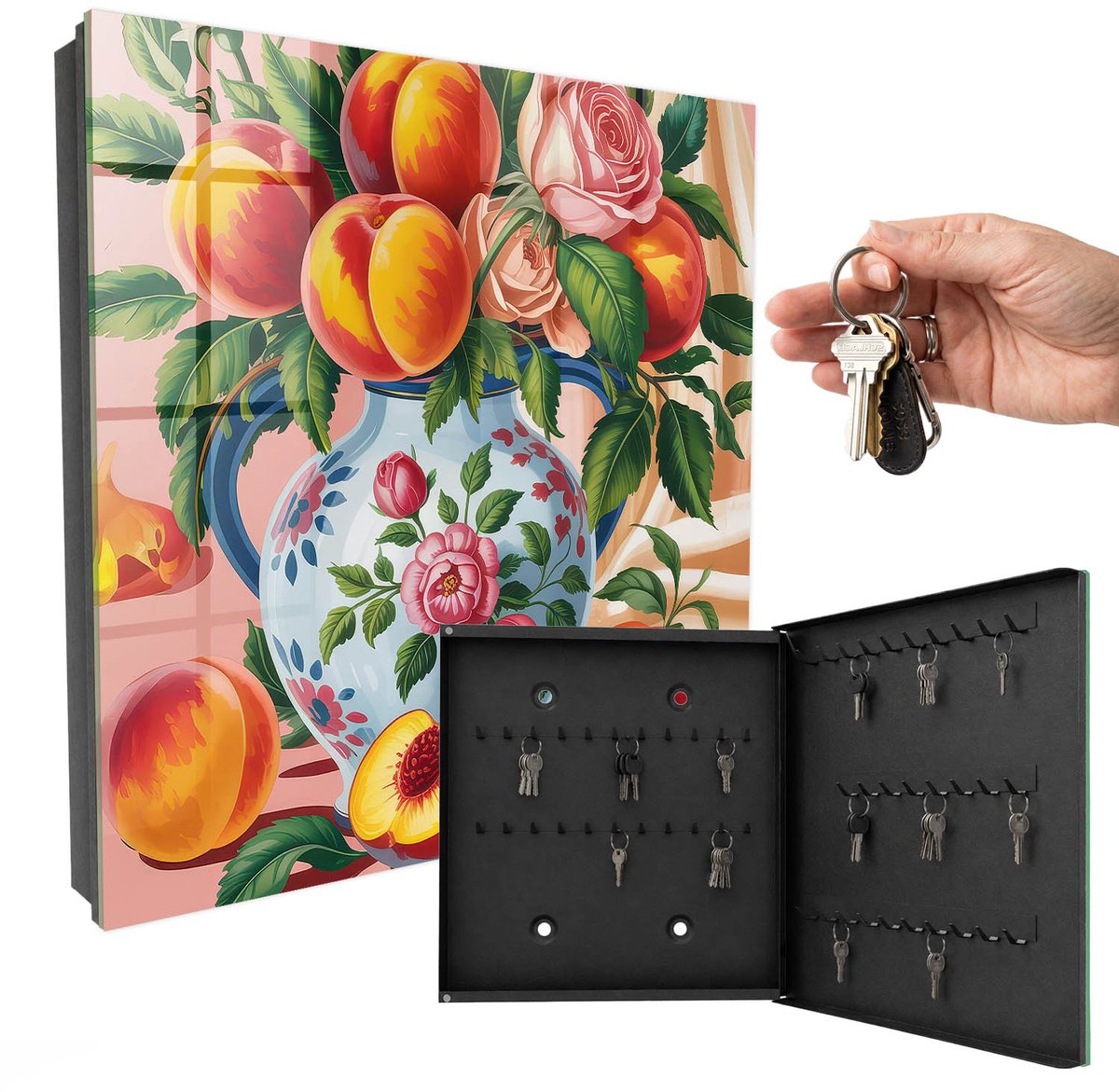 WallMuralia - Sleutelkast - 30x30x5 cm - met 50 haken - Stilleven Leuk Sleutelkastje - Oranje Sleutelbox - Rechtsopenend - Zwart interieur