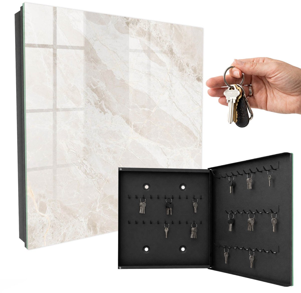 WallMuralia - Sleutelkast - 30x30x5 cm - met 50 haken - Neutraal Marmer Sleutelkastje Industrieel - Beige Sleutelbox - Rechtsopenend - Zwart interieur