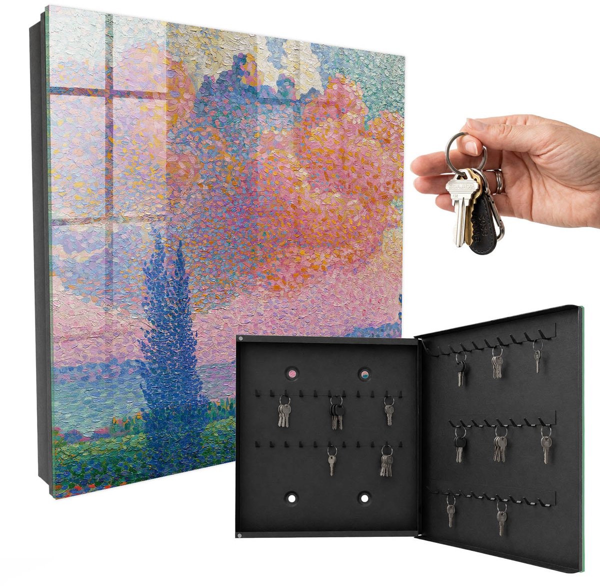 WallMuralia - Sleutelkast - 30x30x5 cm - met 50 haken - Kleurrijke Natuur Sleutelkastje Design - Roze Sleutelbox - Rechtsopenend - Zwart interieur