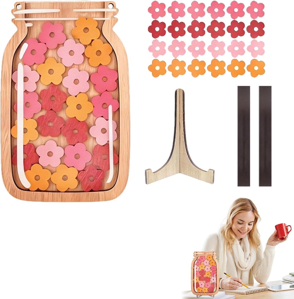 Bloemen Beloningspot met 30 Kleurrijke Bloem Tokens – Acryl Motivatie