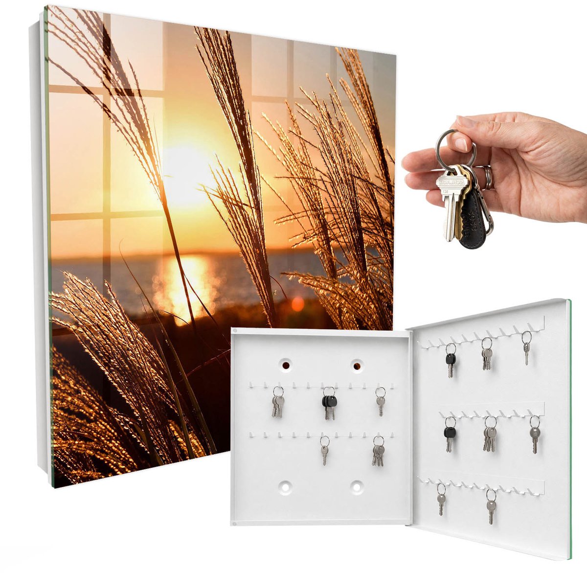 WallMuralia - Sleutelkast - 30x30x5 cm - met 50 haken - Zonsondergang Sleutelkastje Hal - Oranje Sleutelbox - Rechtsopenend - Wit interieur