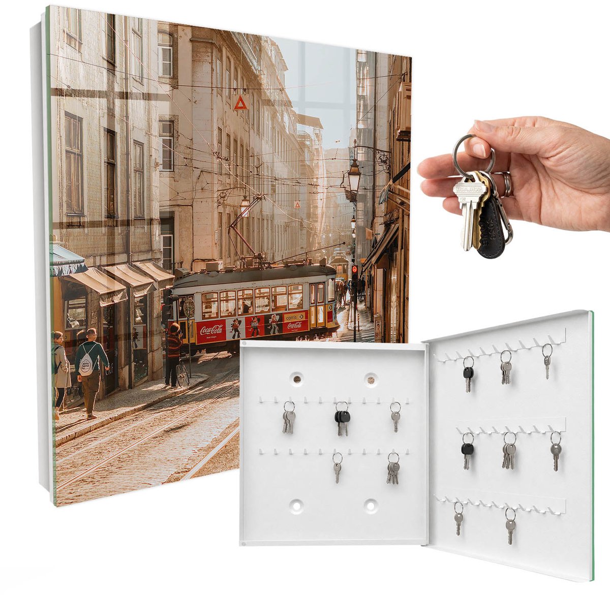 WallMuralia - Sleutelkast - 30x30x5 cm - met 50 haken - Stadsochtend Sleutelkastje Klein - Beige Sleutelbox - Rechtsopenend - Wit interieur