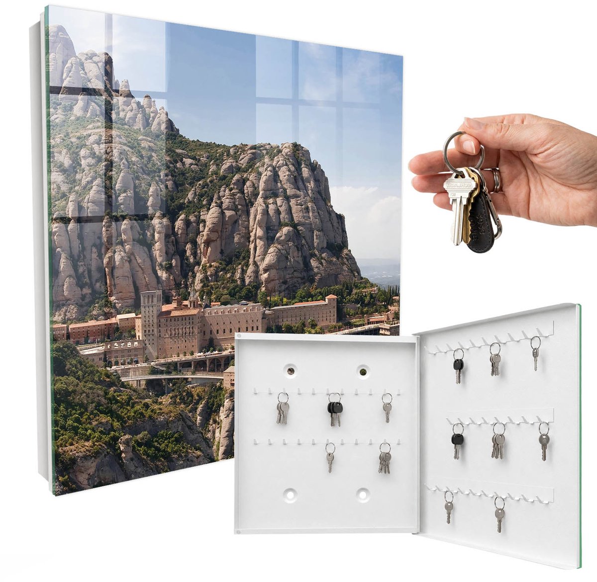 WallMuralia - Sleutelkast - 30x30x5 cm - met 50 haken - Bergarchitectuur Sleutelkastje Modern - Grijs Sleutelbox - Rechtsopenend - Wit interieur