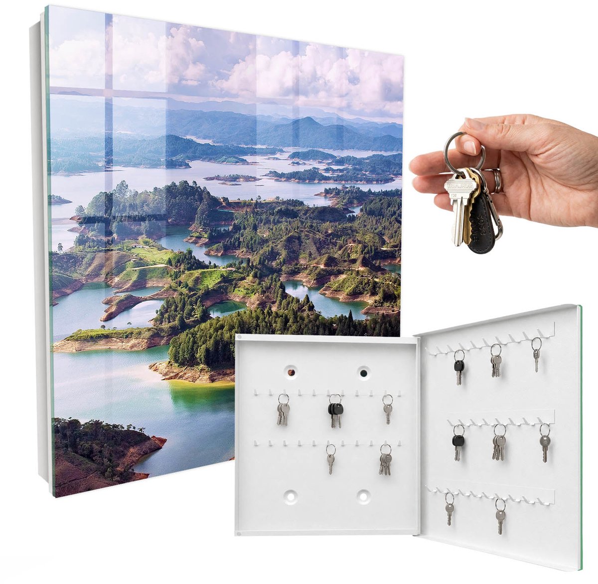 WallMuralia - Sleutelkast - 30x30x5 cm - met 50 haken - Groene Eilanden Leuk Sleutelkastje - Groente Sleutelbox - Rechtsopenend - Wit interieur