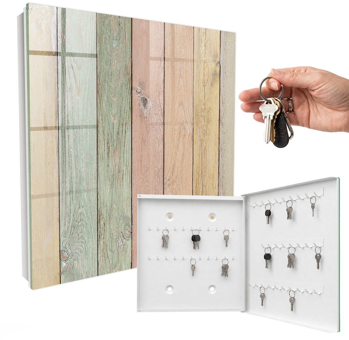 WallMuralia - Sleutelkast - 30x30x5 cm - met 50 haken - Pastelplaten Sleutelkastje Muur - Beige Sleutelbox - Rechtsopenend - Wit interieur