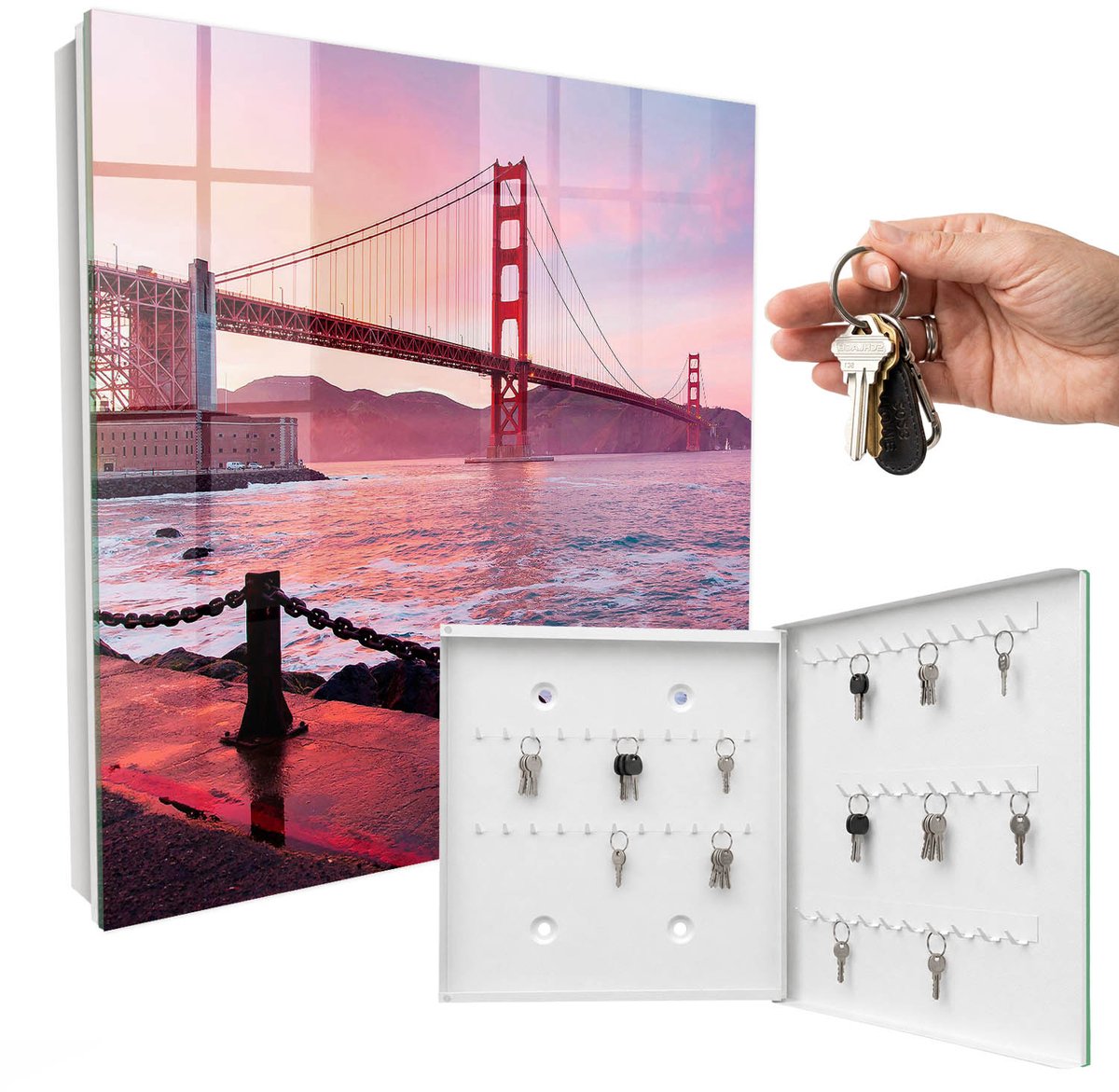 WallMuralia - Sleutelkast - 30x30x5 cm - met 50 haken - Stadsbrug Sleutelkastje - Roze Sleutelbox - Rechtsopenend - Wit interieur