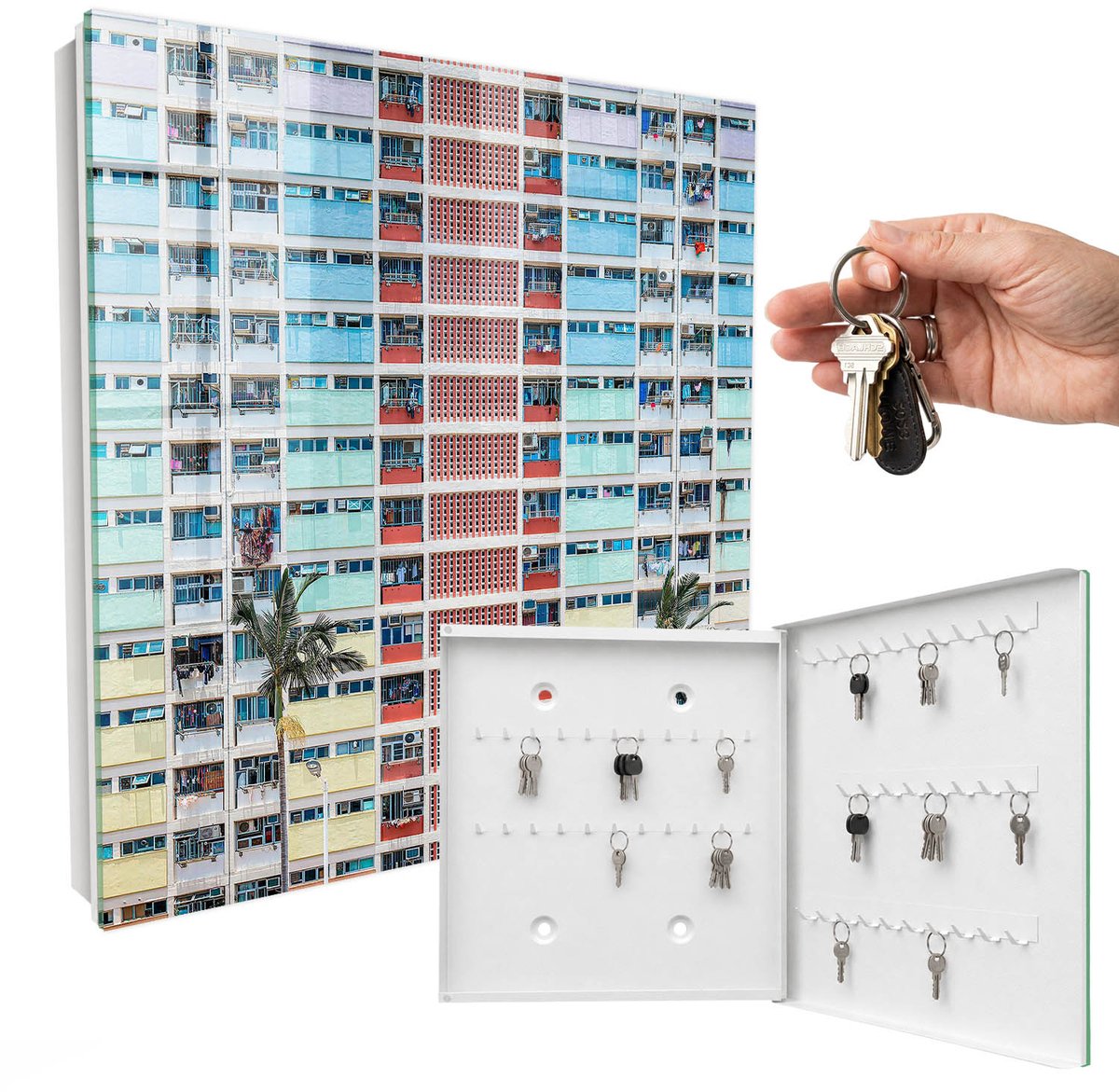 WallMuralia - Sleutelkast - 30x30x5 cm - met 50 haken - Kleurrijke Architectuur Groot Sleutelkastje - Rood Sleutelbox - Rechtsopenend - Wit interieur