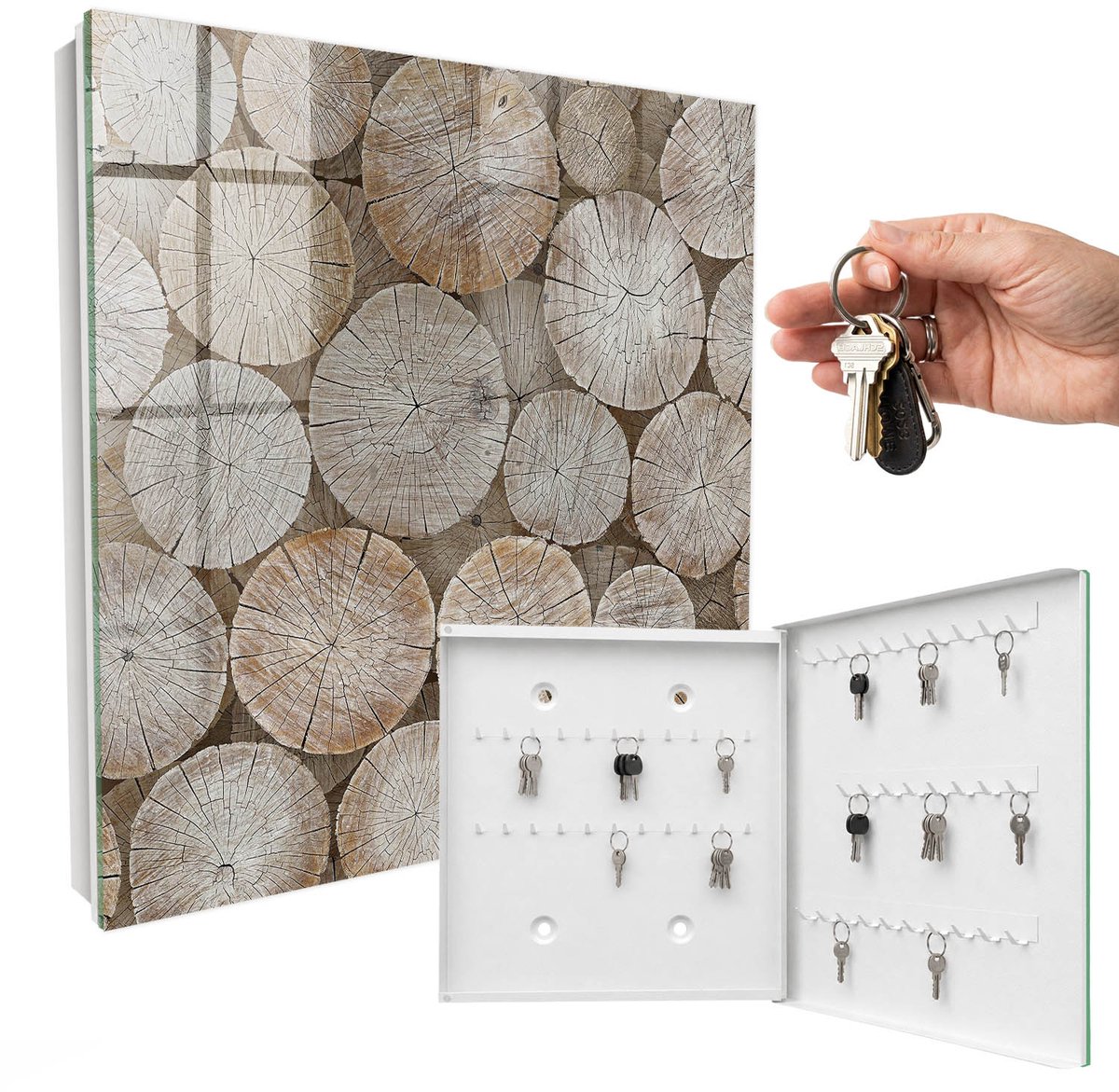 WallMuralia - Sleutelkast - 30x30x5 cm - met 50 haken - Houten Cirkels Sleutelkastje Design - Beige Sleutelbox - Rechtsopenend - Wit interieur