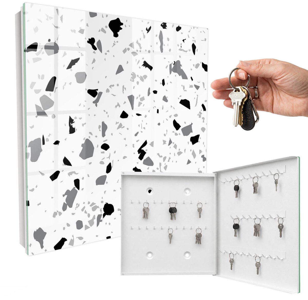 WallMuralia - Sleutelkast - 30x30x5 cm - met 50 haken - Monochroom Terrazzo Sleutelkastje Gang - Wit Sleutelbox - Rechtsopenend - Wit interieur