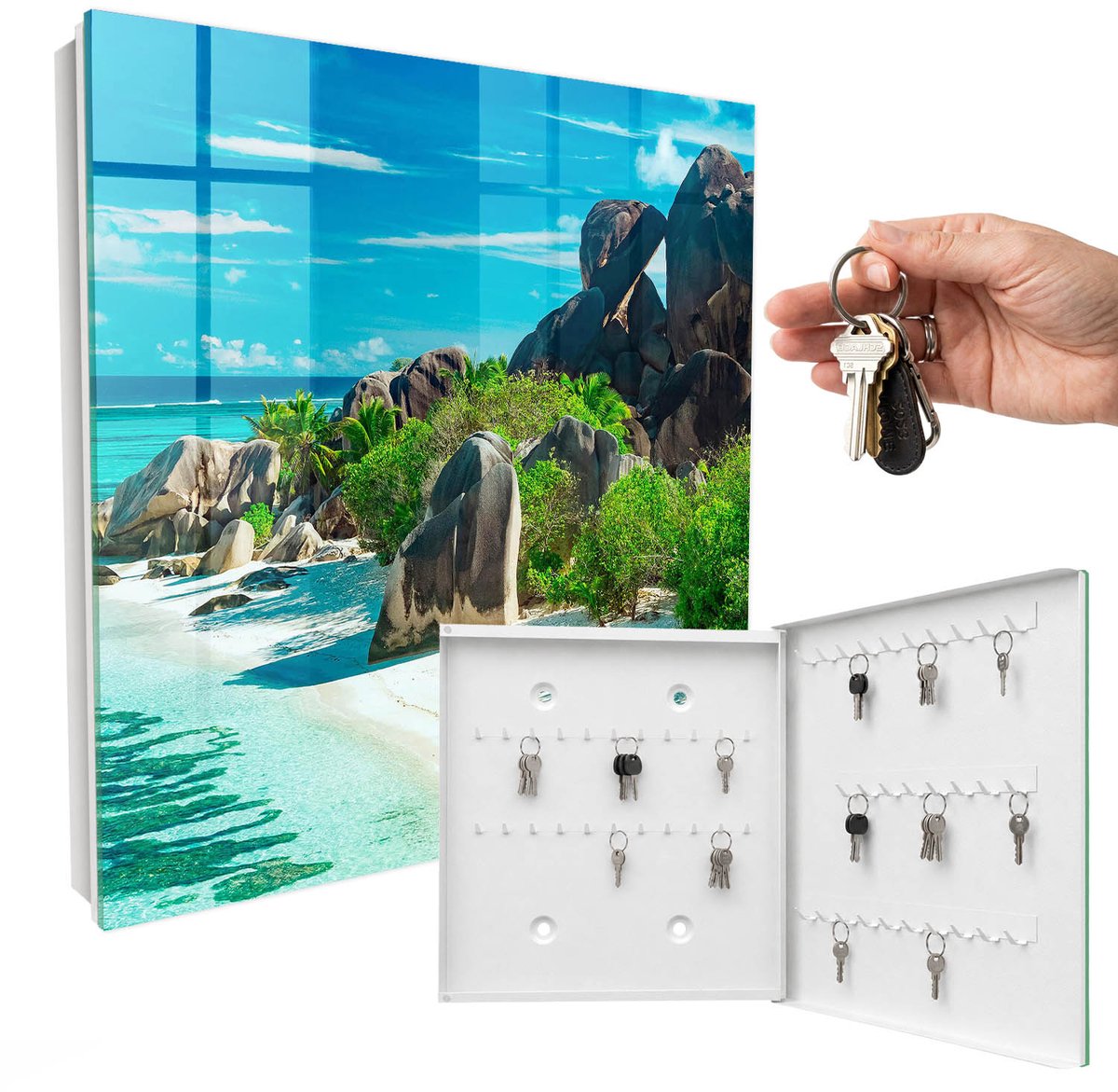 WallMuralia - Sleutelkast - 30x30x5 cm - met 50 haken - Tropisch Strand Leuk Sleutelkastje - Blauw Sleutelbox - Rechtsopenend - Wit interieur