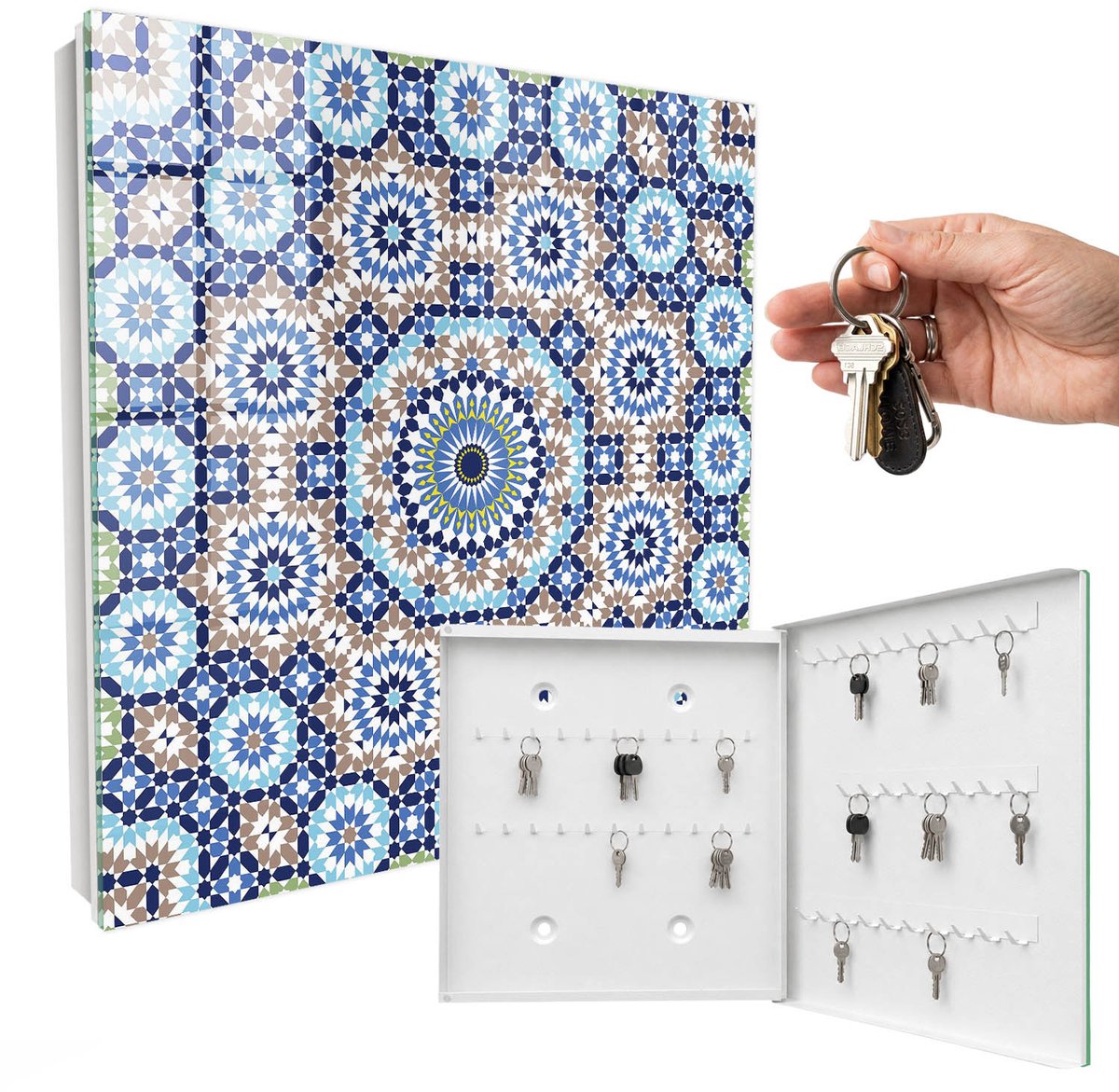 WallMuralia - Sleutelkast - 30x30x5 cm - met 50 haken - Oosterse Mozaïek Sleutelkastje Klein - Blauw Sleutelbox - Rechtsopenend - Wit interieur