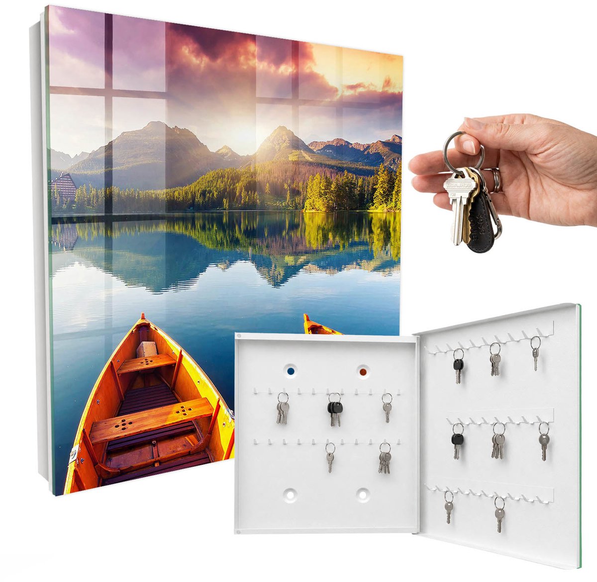 WallMuralia - Sleutelkast - 30x30x5 cm - met 50 haken - Bergvrede Leuk Sleutelkastje - Blauw Sleutelbox - Rechtsopenend - Wit interieur