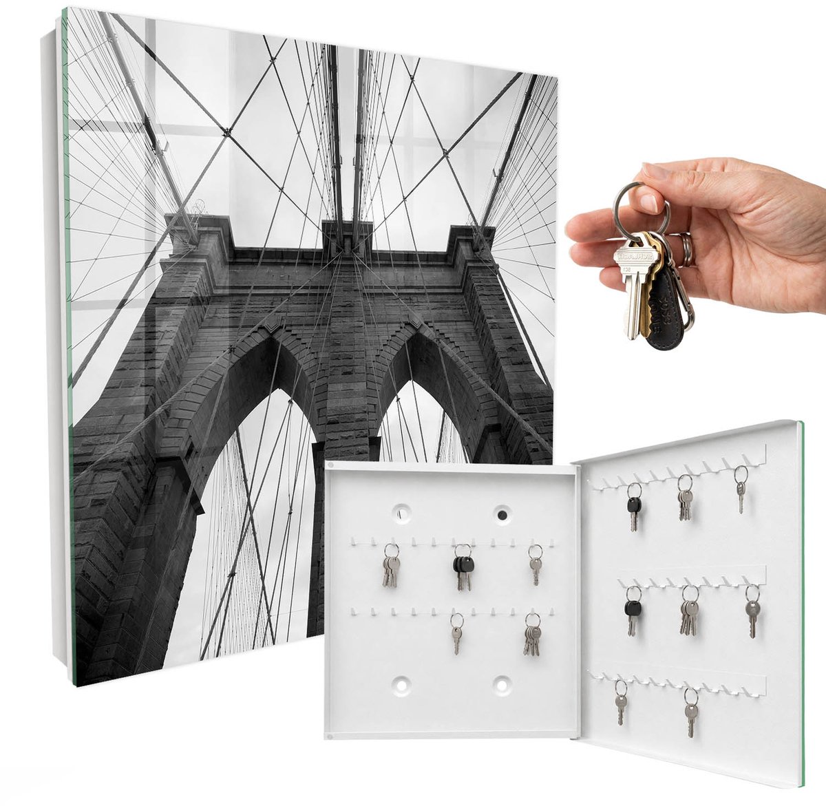 WallMuralia - Sleutelkast - 30x30x5 cm - met 50 haken - Architectuurbrug Sleutelkastje Modern - Zwart-Wit Sleutelbox - Rechtsopenend - Wit interieur