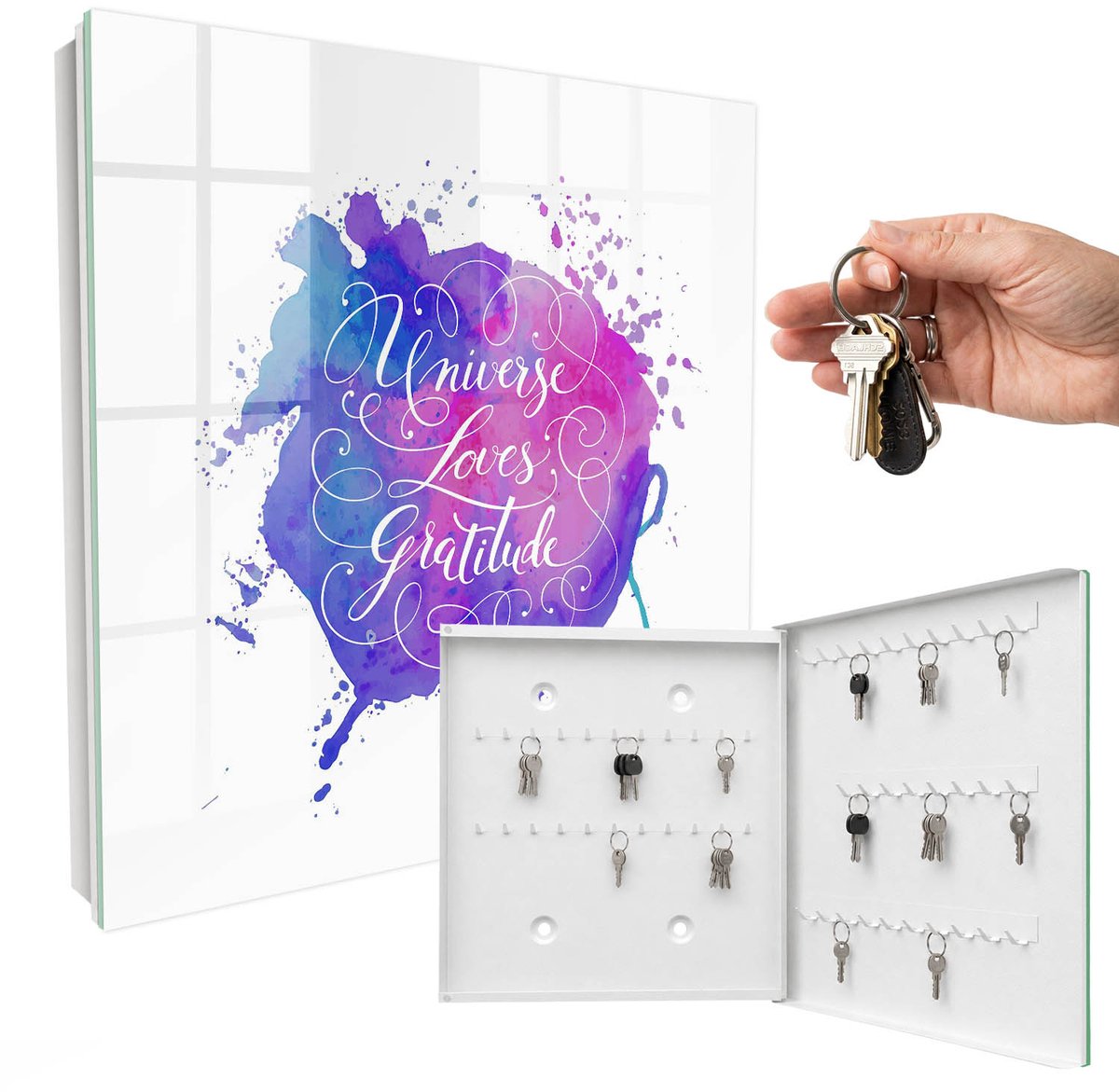 WallMuralia - Sleutelkast - 30x30x5 cm - met 50 haken - Het Universum Houdt Van Dankbaarheid. Sleutelkastje Binnen - Paars Sleutelbox - Rechtsopenend - Wit interieur