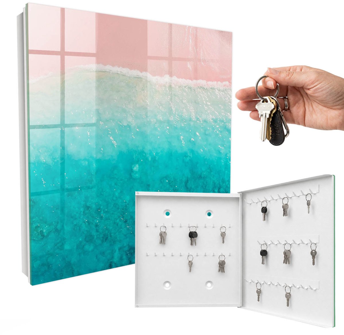 WallMuralia - Sleutelkast - 30x30x5 cm - met 50 haken - Droomstrand Sleutelkastje Landelijk - Turkoois Sleutelbox - Rechtsopenend - Wit interieur