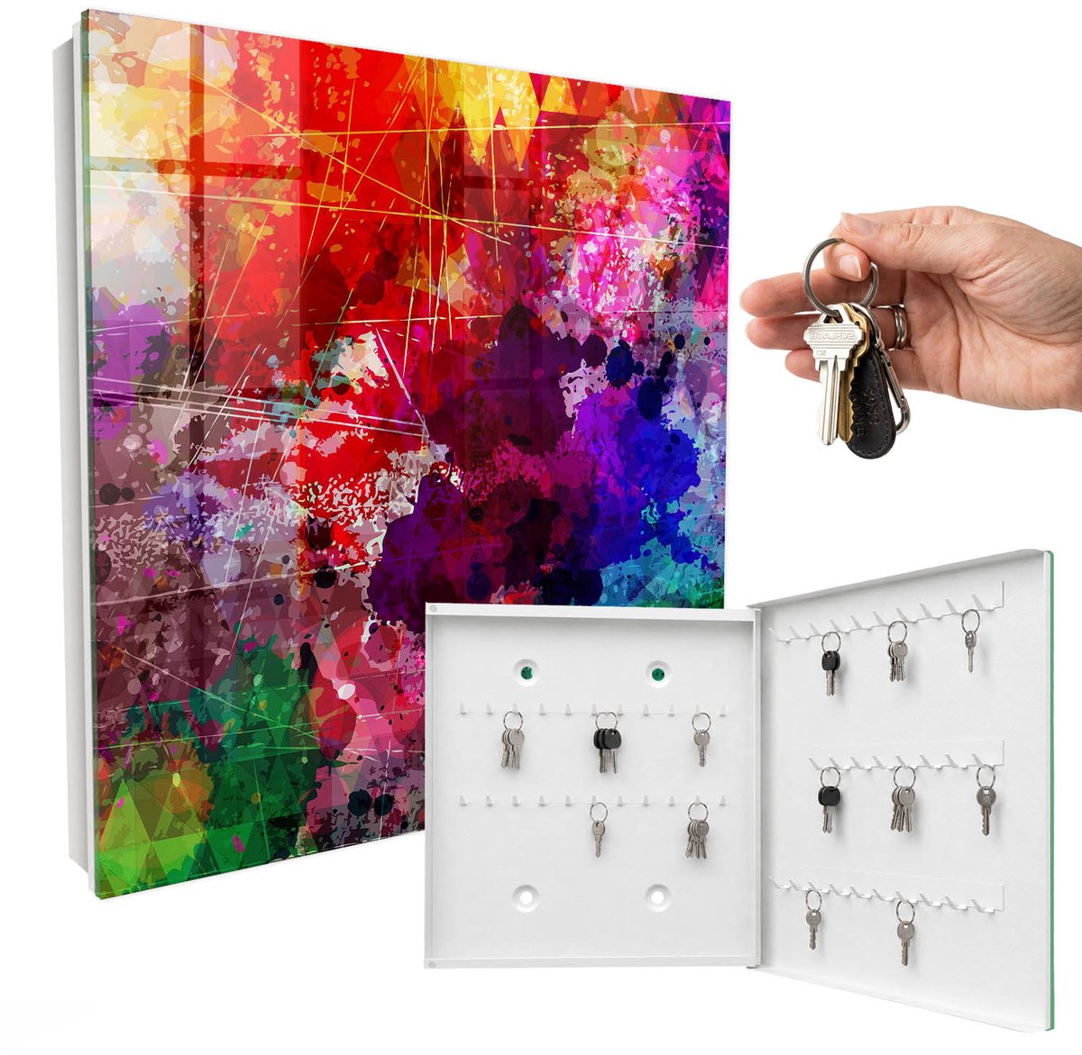 WallMuralia - Sleutelkast - 30x30x5 cm - met 50 haken - Kleurrijke Uitdrukking Groot Sleutelkastje - Rood Sleutelbox - Rechtsopenend - Wit interieur