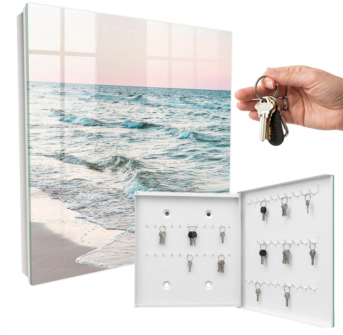 WallMuralia - Sleutelkast - 30x30x5 cm - met 50 haken - Zeegolven Sleutelkastje Design - Blauw Sleutelbox - Rechtsopenend - Wit interieur