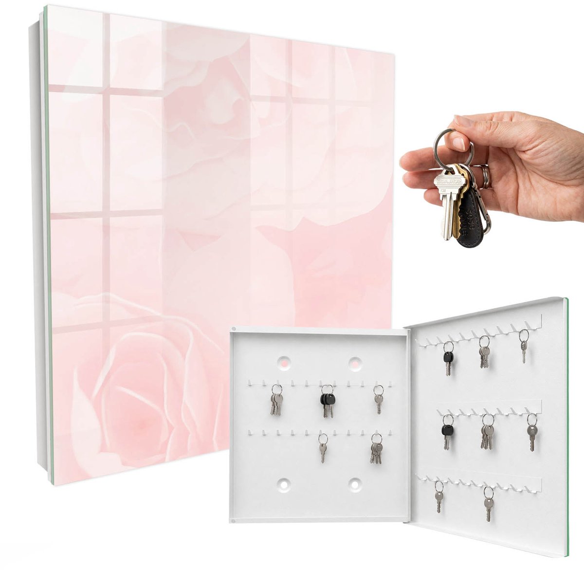 WallMuralia - Sleutelkast - 30x30x5 cm - met 50 haken - Pastel Rozen Sleutelkastje Landelijk - Roze Sleutelbox - Rechtsopenend - Wit interieur