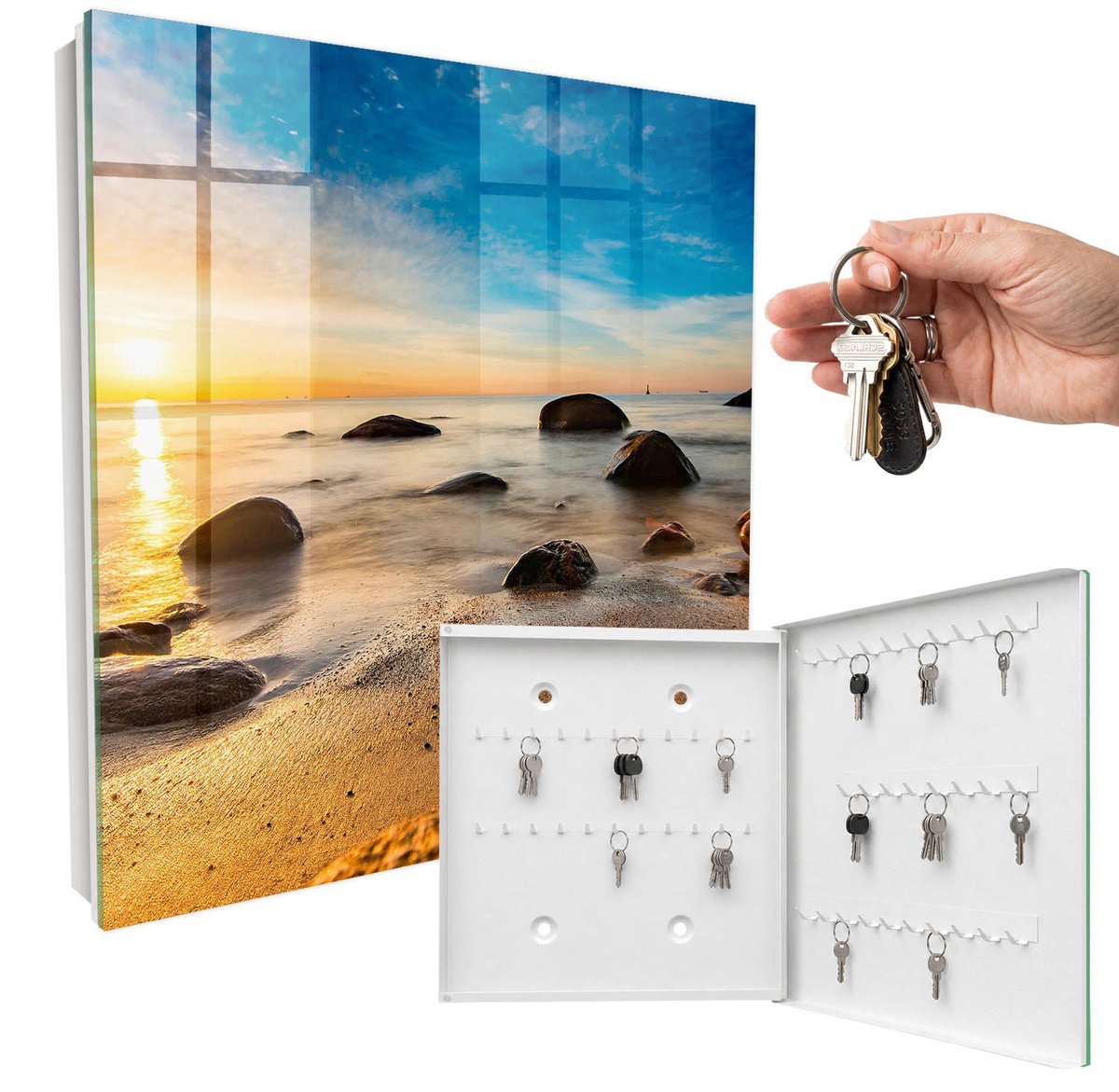 WallMuralia - Sleutelkast - 30x30x5 cm - met 50 haken - Westkust Sleutelkastje Huis - Blauw Sleutelbox - Rechtsopenend - Wit interieur