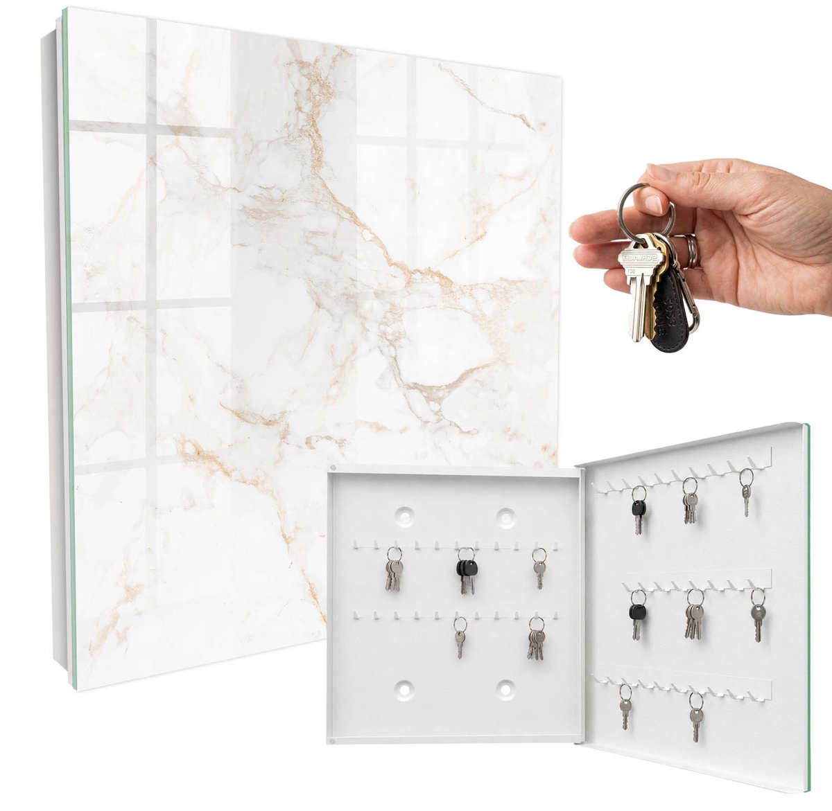 WallMuralia - Sleutelkast - 30x30x5 cm - met 50 haken - De Elegantie Van Marmer Sleutelkastje Hal - Wit Sleutelbox - Rechtsopenend - Wit interieur