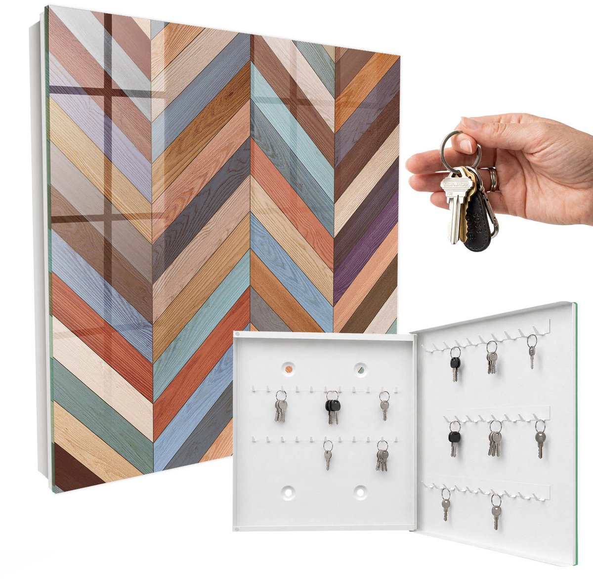 WallMuralia - Sleutelkast - 30x30x5 cm - met 50 haken - Visgraatpatroon Leuk Sleutelkastje - Bruin Sleutelbox - Rechtsopenend - Wit interieur