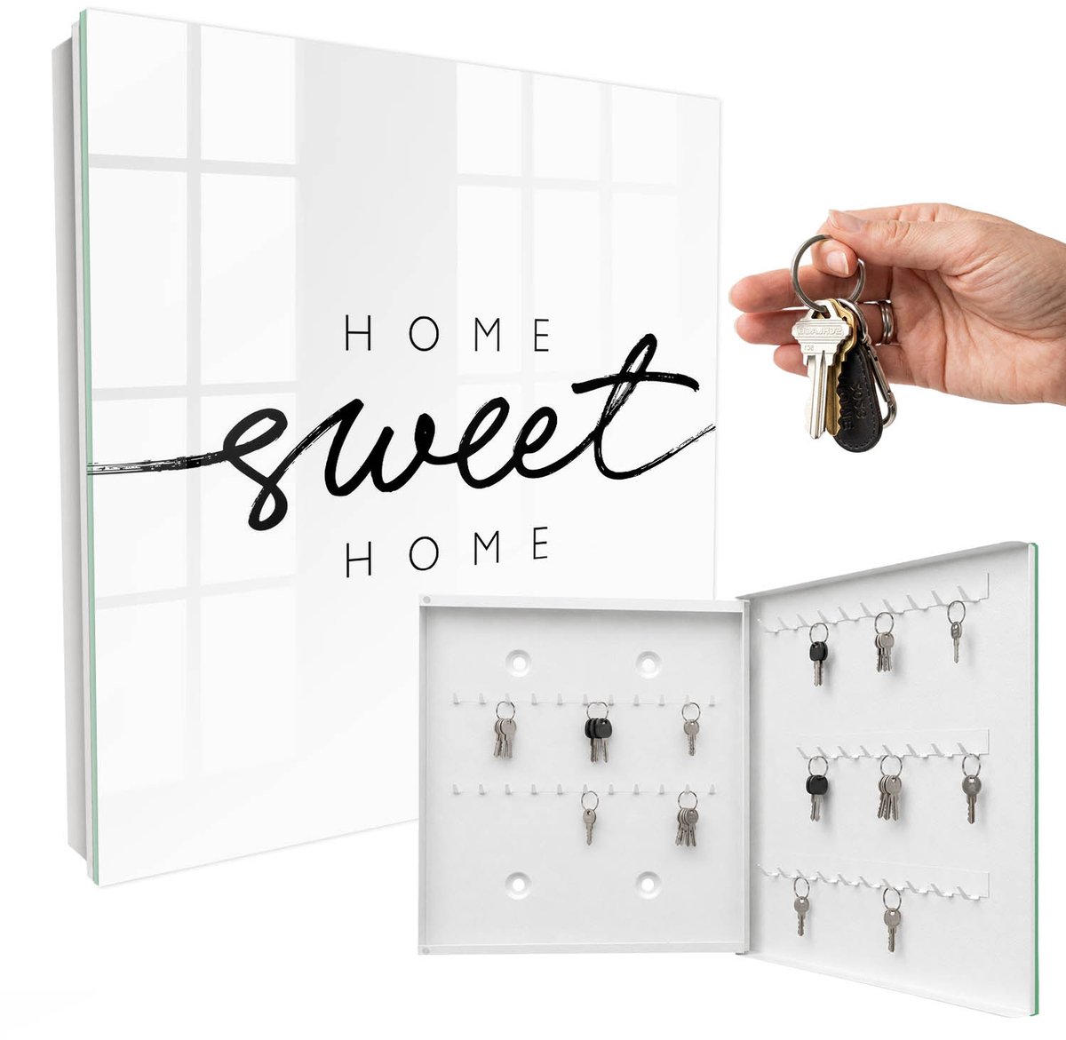 WallMuralia - Sleutelkast - 30x30x5 cm - met 50 haken - Huiselijke Charme Sleutelkastje Klein - Zwart-Wit Sleutelbox - Rechtsopenend - Wit interieur