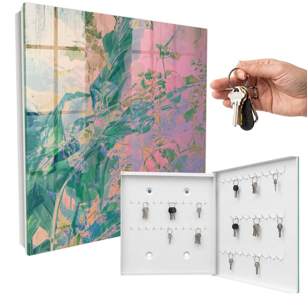 WallMuralia - Sleutelkast - 30x30x5 cm - met 50 haken - Plantenabstractie Sleutelkastje Gang - Groente Sleutelbox - Rechtsopenend - Wit interieur