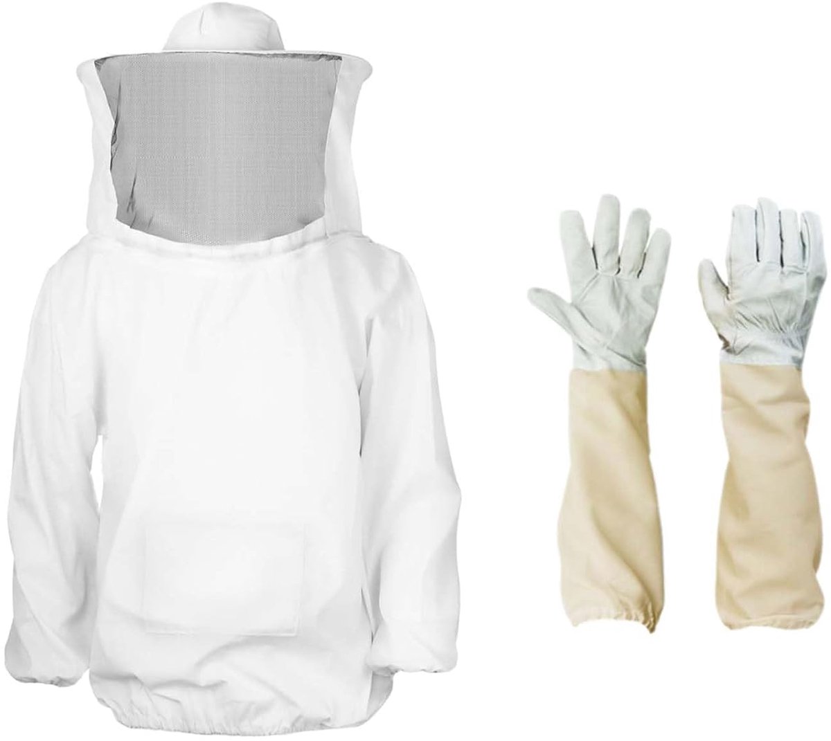 Imkerjas met sluier, bijenpak, professionele bijenbescherming, met beschermende handschoenen, zorgen voor de veiligheid van imkers, professionele preventie van bijensteken, uniseks