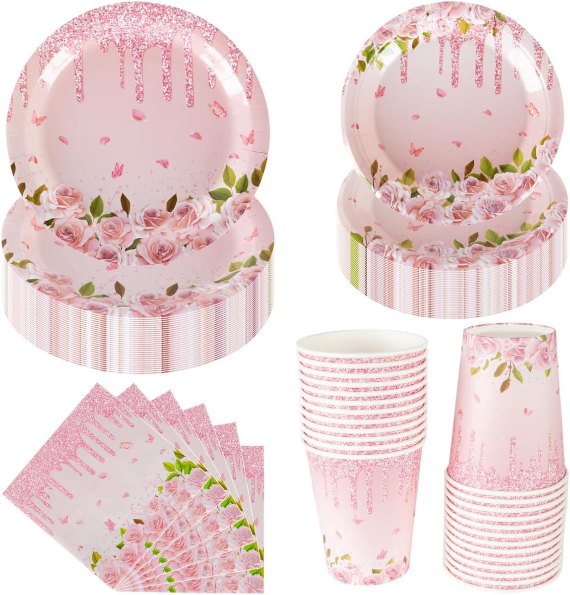 100 roze bloemen feastservies set, bloementheekransje papieren borden