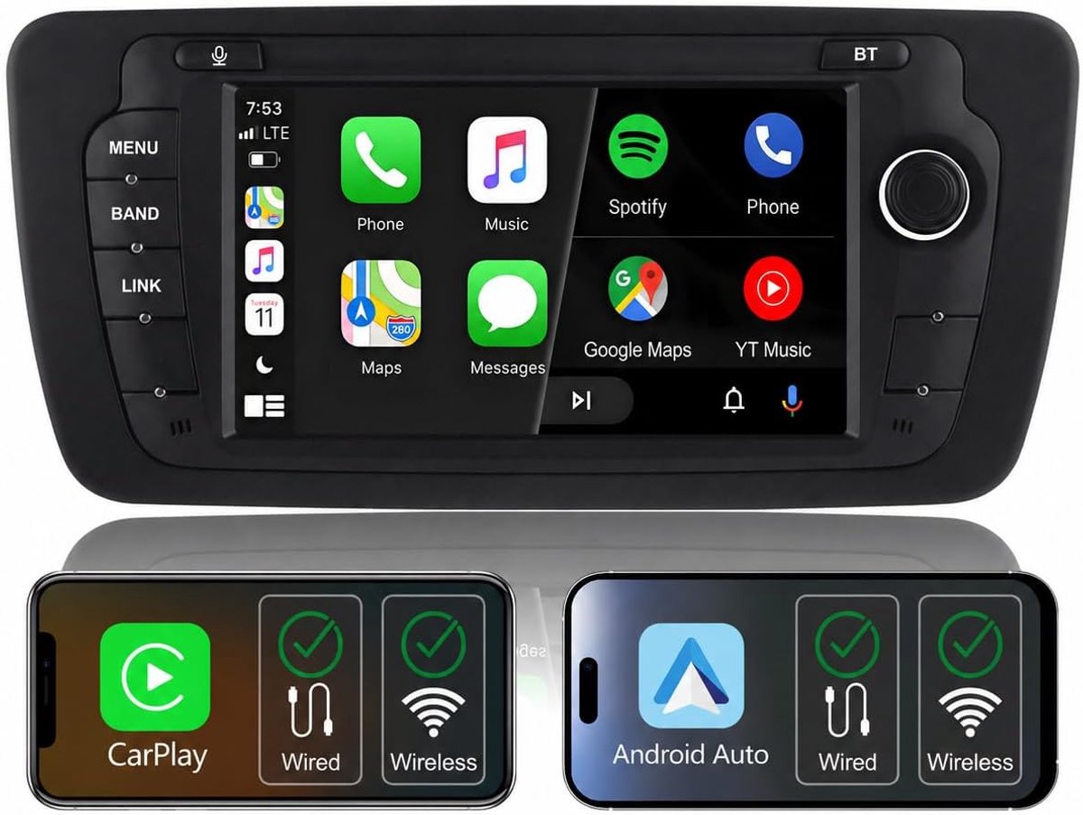 Autoradio voor Seat Ibiza 6j 2009-2014, met Linux-systeem en 7 inch IPS-display, geïntegreerde draadloze CarPlay en Android Auto, originele stuurbediening, Bluetooth 5.0, RDS AM/FM, USB, EQ/DSP en