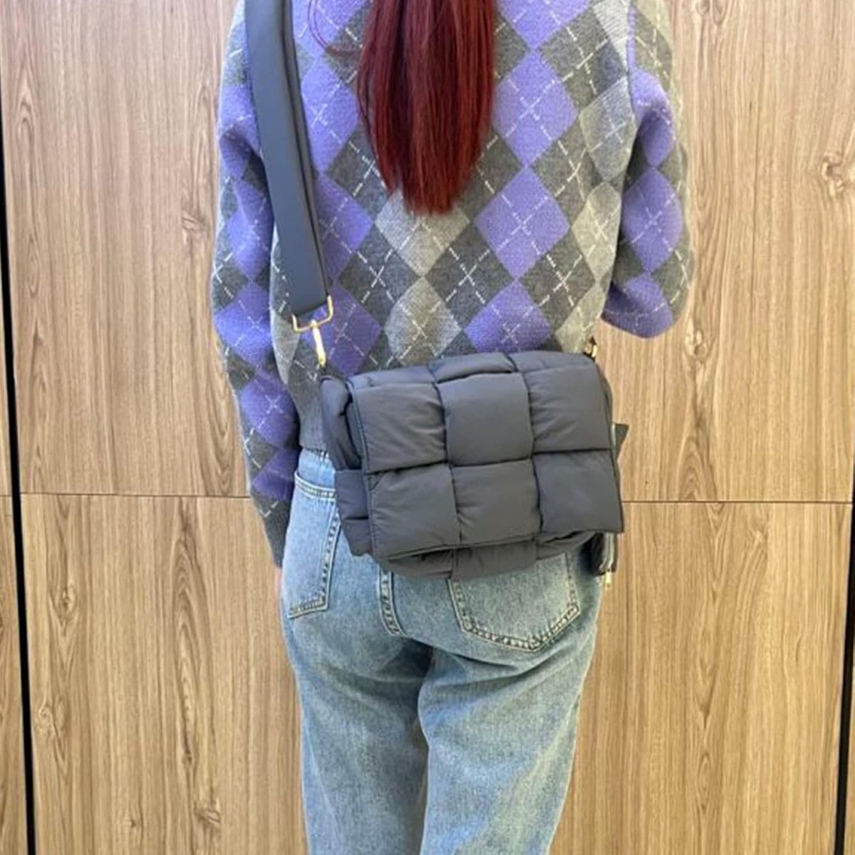 puffer woven shoulder bag padded cassette handbag with coins organizer nylon light weight women crossbody purse(Grey)