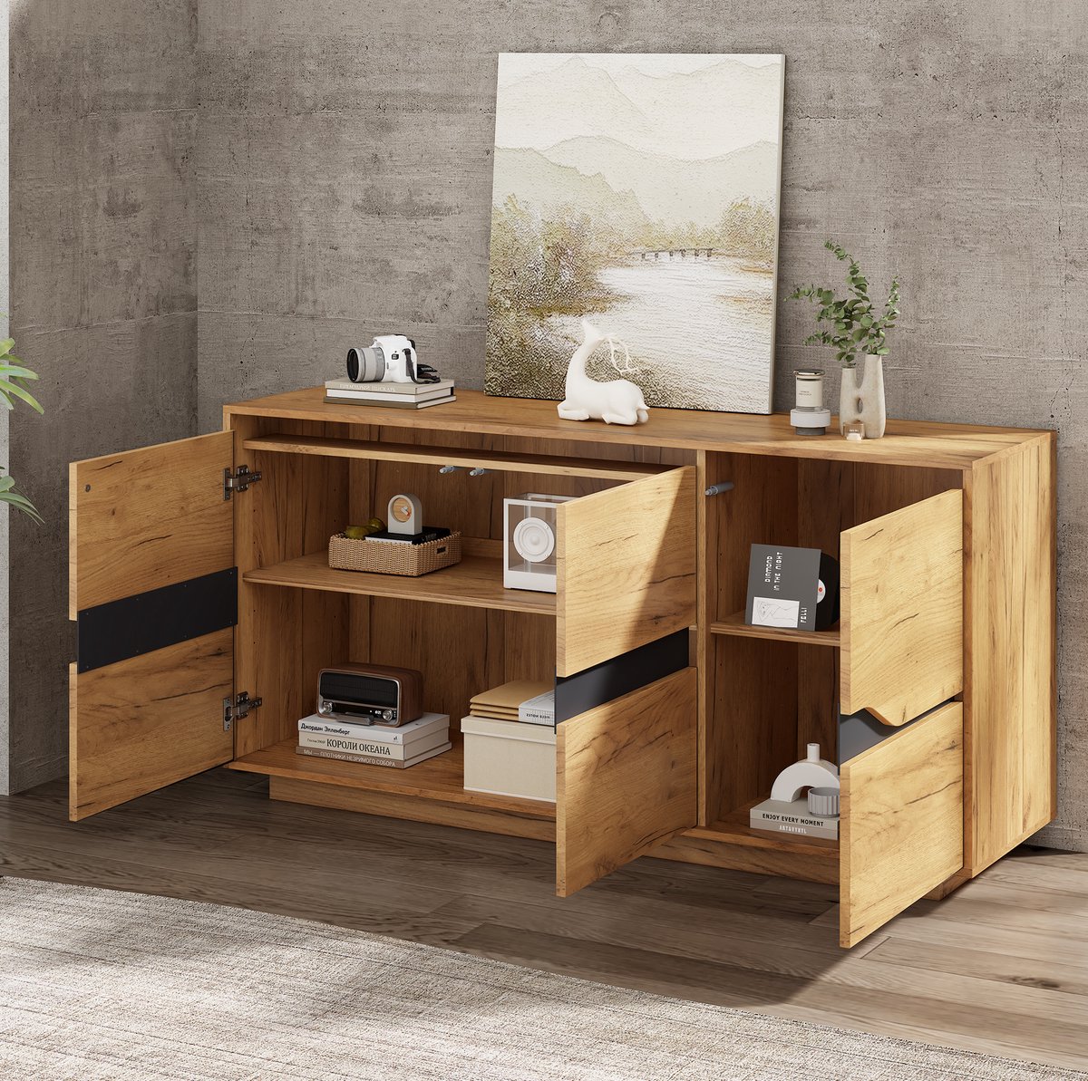 MIVRAY Dressoir - Dressoir Met 3 Deuren En Verstelbare Planken - Voor Woonkamer En Eetkamer - Spaanplaat - Houtkleur En Zwart - 140 X 40 X 70 Cm