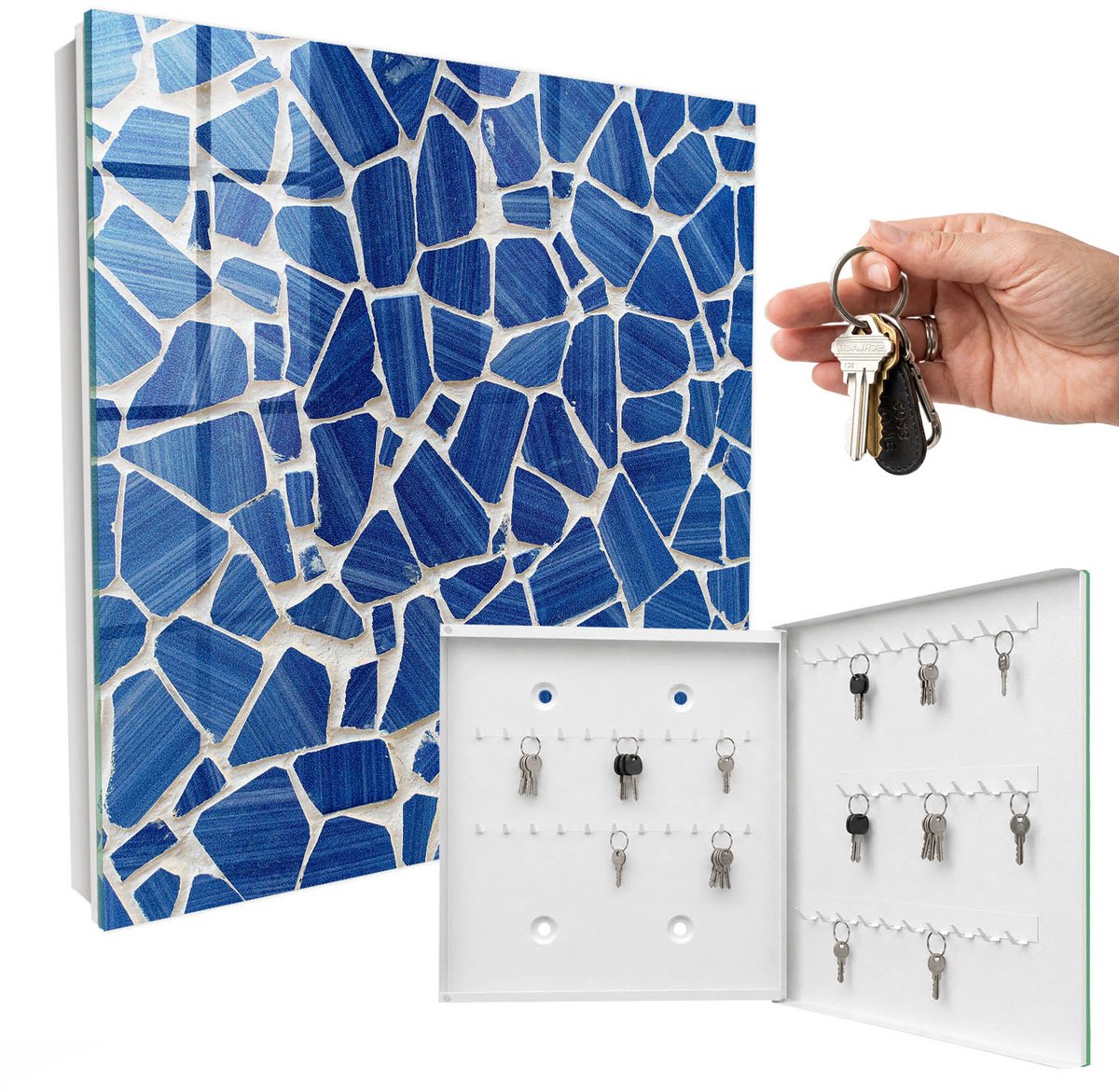 WallMuralia - Sleutelkast - 30x30x5 cm - met 50 haken - Blauw Mozaïek Sleutelkastje Modern - Blauw Sleutelbox - Rechtsopenend - Wit interieur