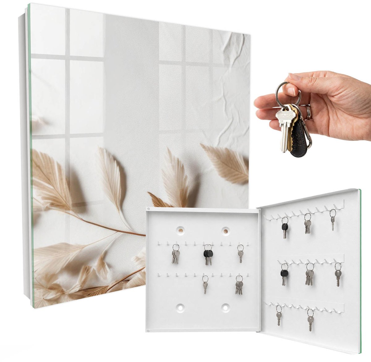 WallMuralia - Sleutelkast - 30x30x5 cm - met 50 haken - Subtiele Natuur Groot Sleutelkastje - Beige Sleutelbox - Rechtsopenend - Wit interieur