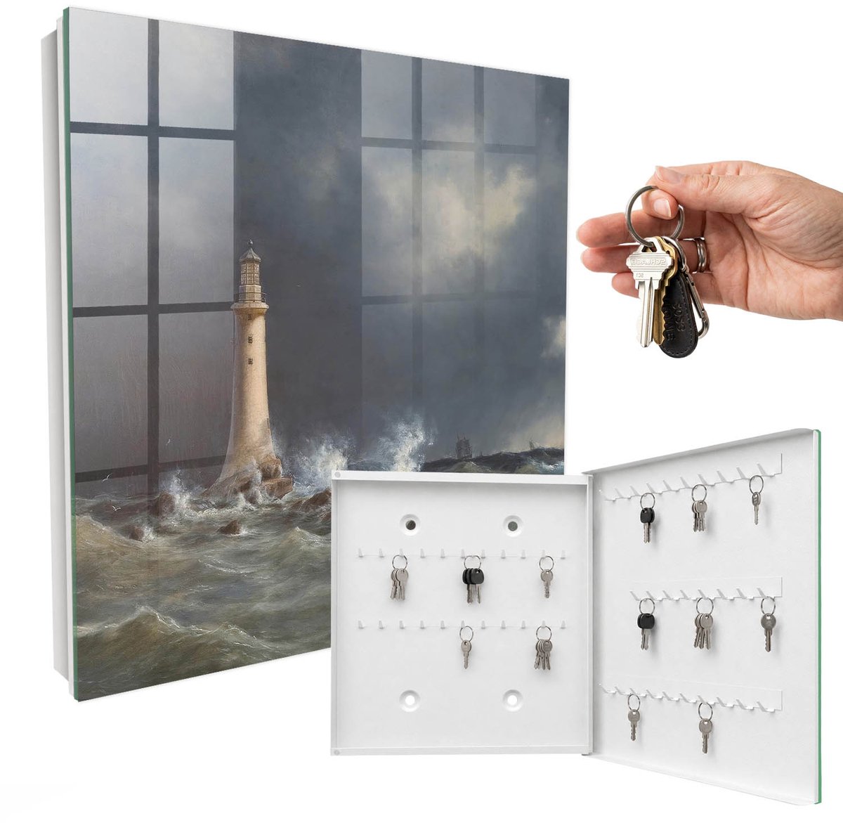 WallMuralia - Sleutelkast - 30x30x5 cm - met 50 haken - Stormachtige Zee Sleutelkastje Landelijk - Grijs Sleutelbox - Rechtsopenend - Wit interieur