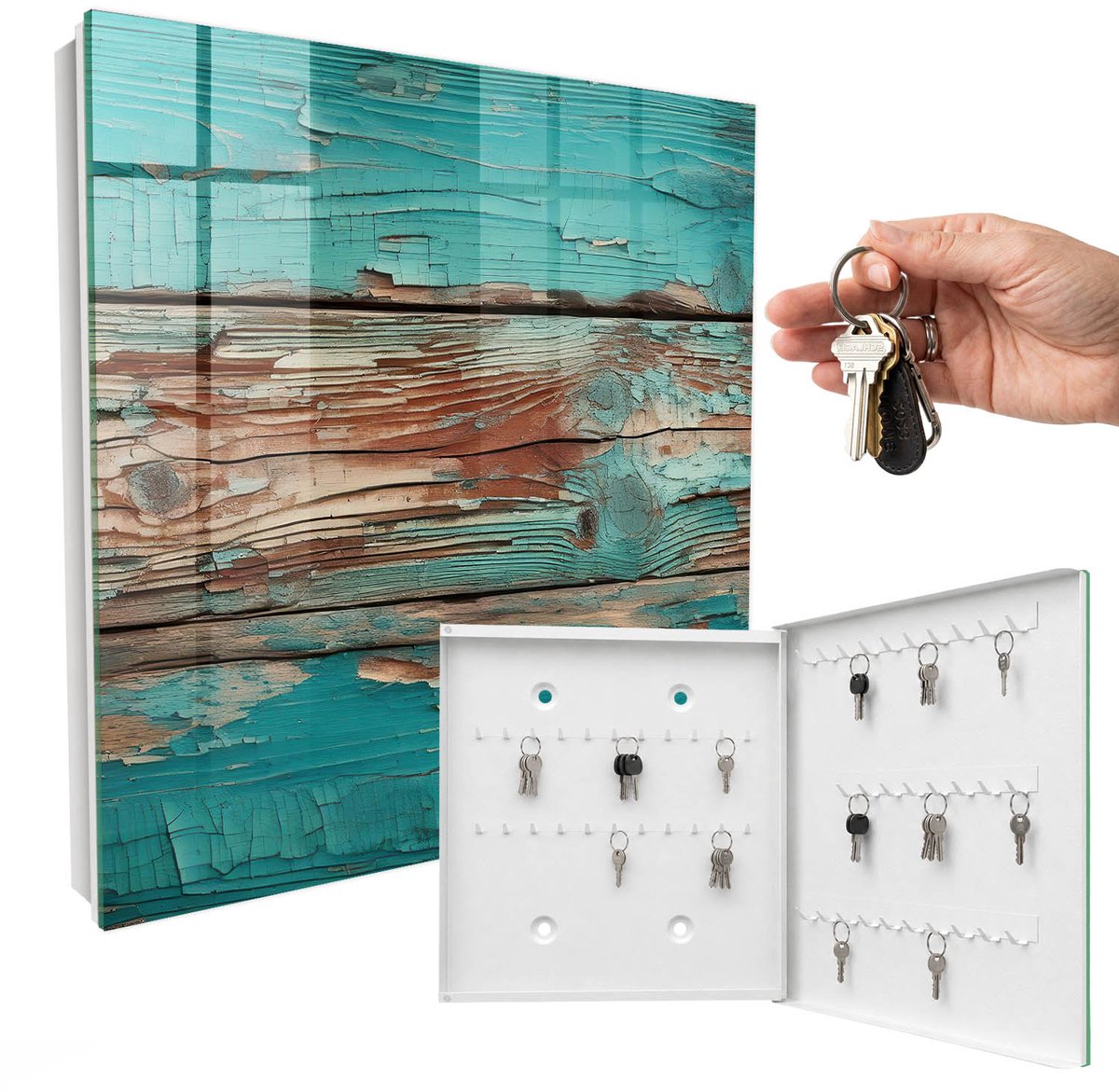 WallMuralia - Sleutelkast - 30x30x5 cm - met 50 haken - Turkoois Hout Sleutelkastje - Turkoois Sleutelbox - Rechtsopenend - Wit interieur