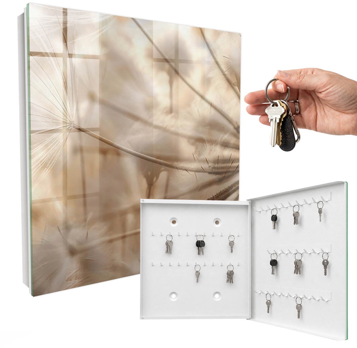 WallMuralia - Sleutelkast - 30x30x5 cm - met 50 haken - Beige Paardenbloemen Sleutelkastje Huis - Beige Sleutelbox - Rechtsopenend - Wit interieur