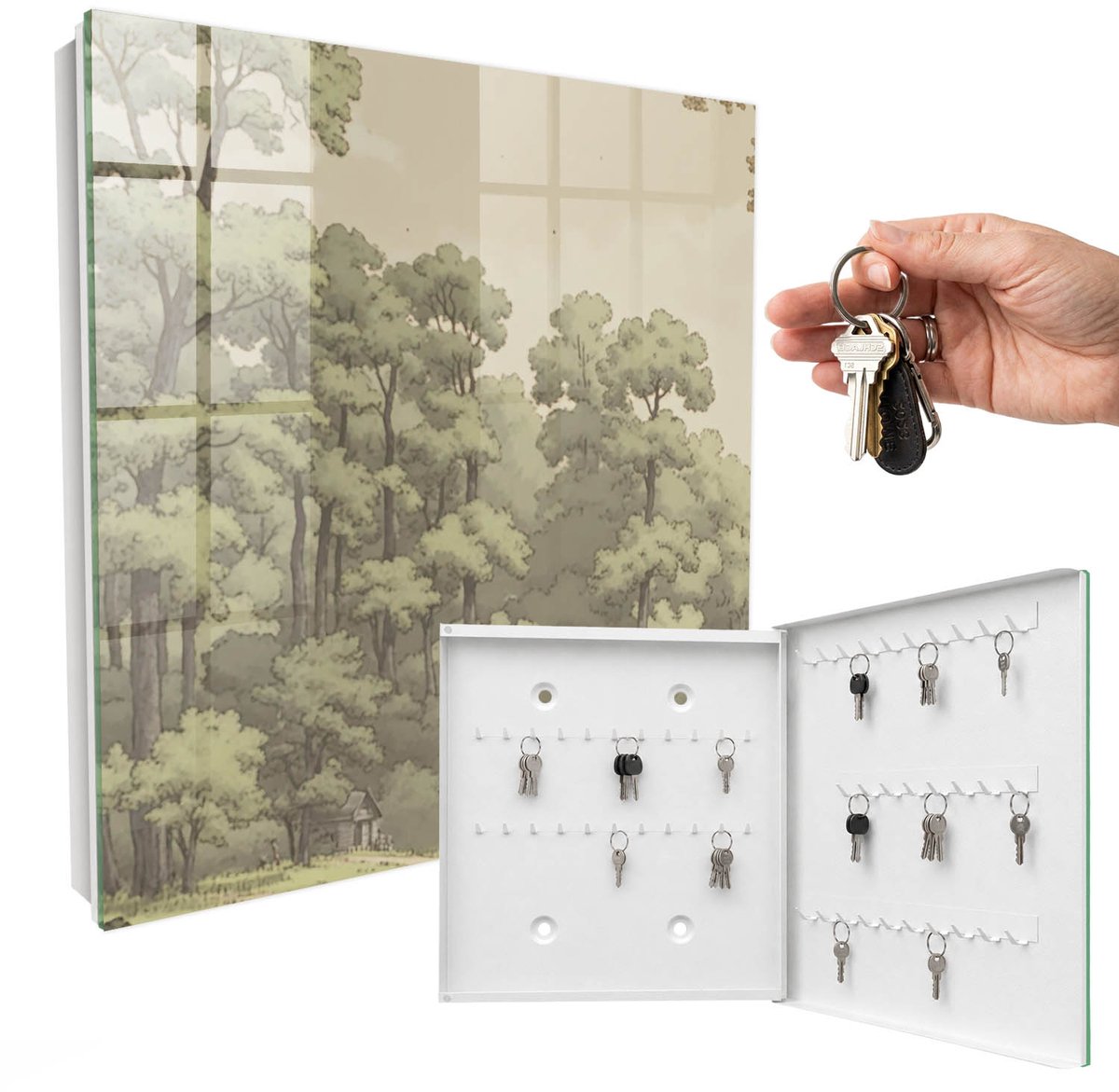 WallMuralia - Sleutelkast - 30x30x5 cm - met 50 haken - Groen Bos Sleutelkastje Hal - Groente Sleutelbox - Rechtsopenend - Wit interieur