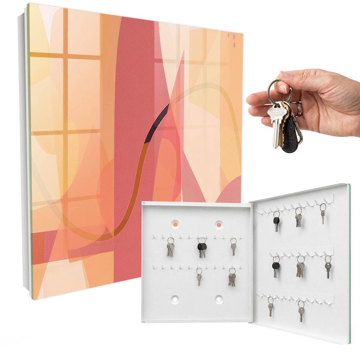 WallMuralia - Sleutelkast - 30x30x5 cm - met 50 haken - Kleurrijke Strikken Sleutelkastje - Geel Sleutelbox - Rechtsopenend - Wit interieur