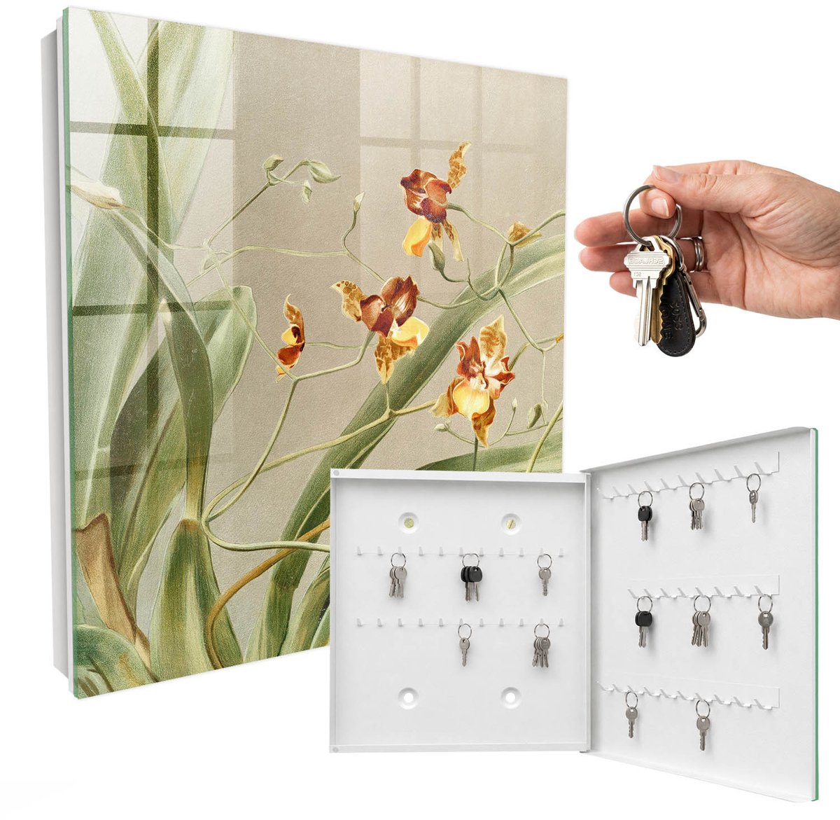 WallMuralia - Sleutelkast - 30x30x5 cm - met 50 haken - Klimbloemen Sleutelkastje Binnen - Groente Sleutelbox - Rechtsopenend - Wit interieur