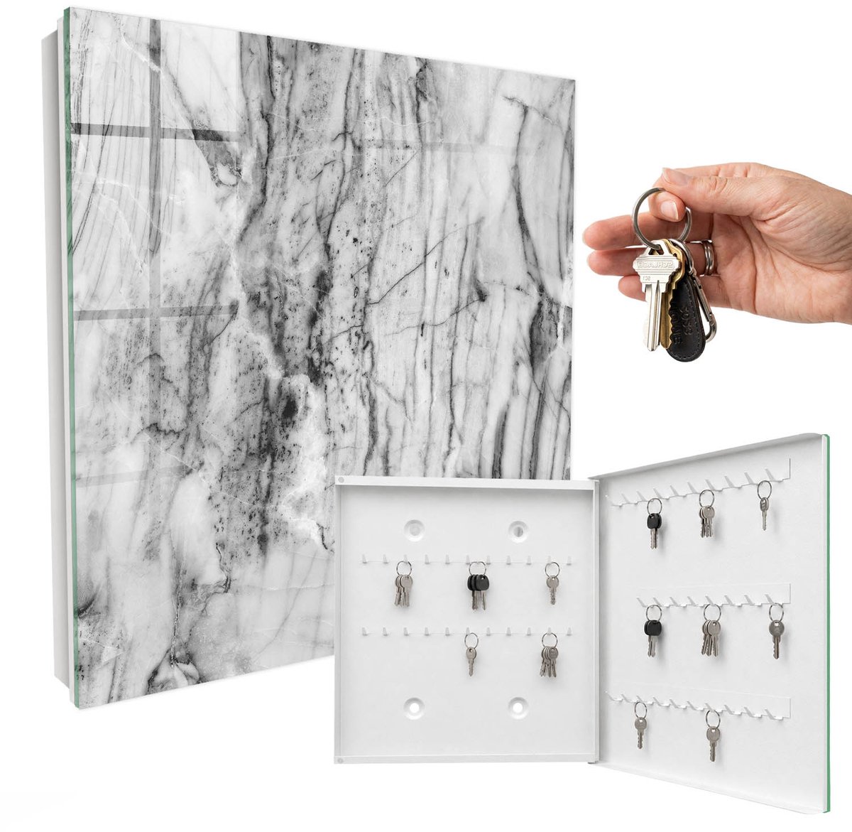 WallMuralia - Sleutelkast - 30x30x5 cm - met 50 haken - Marmeren Elegantie Sleutelkastje Modern - Zwart Sleutelbox - Rechtsopenend - Wit interieur