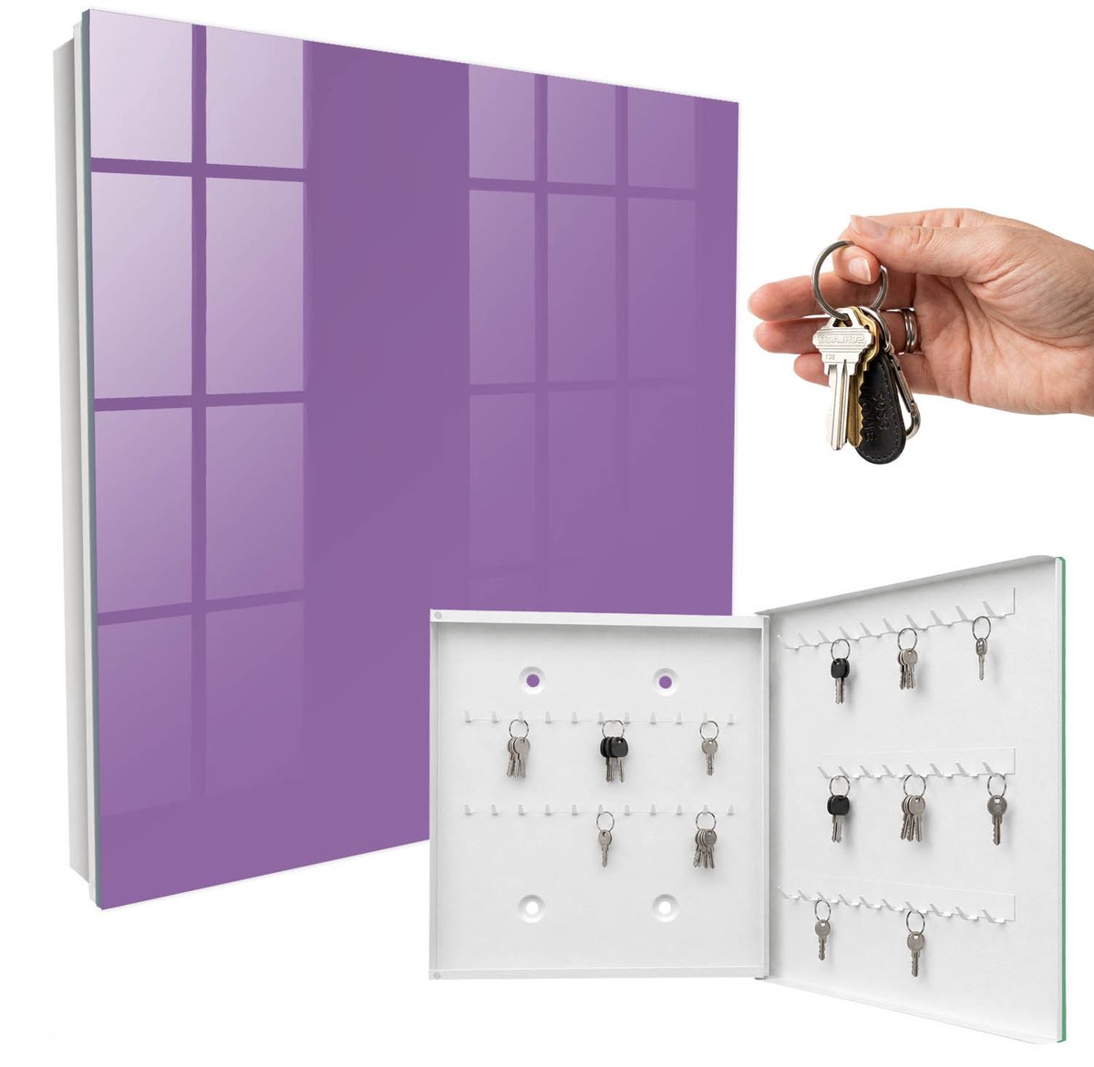 WallMuralia - Sleutelkast - 30x30x5 cm - met 50 haken - Violet Sleutelkastje Muur - Paars Sleutelbox - Rechtsopenend - Wit interieur