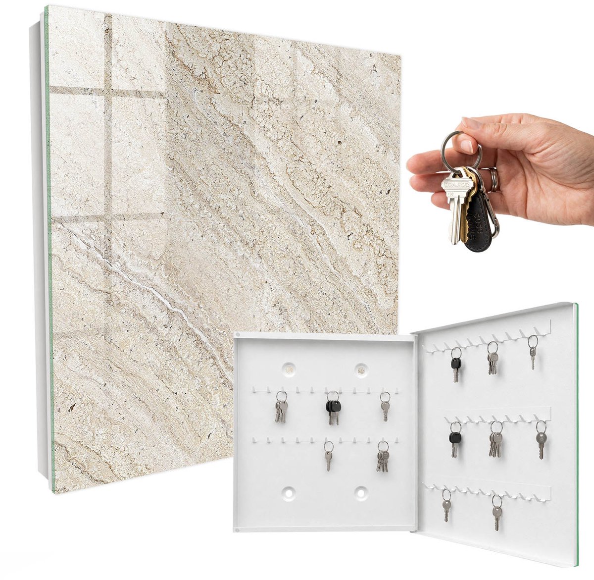 WallMuralia - Sleutelkast - 30x30x5 cm - met 50 haken - Licht Marmer Sleutelkastje Huis - Beige Sleutelbox - Rechtsopenend - Wit interieur