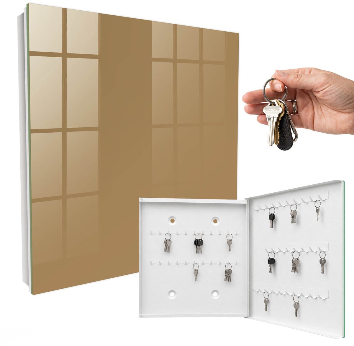 WallMuralia - Sleutelkast - 30x30x5 cm - met 50 haken - Bruine Kleur Sleutelkastje Design - Bruin Sleutelbox - Rechtsopenend - Wit interieur