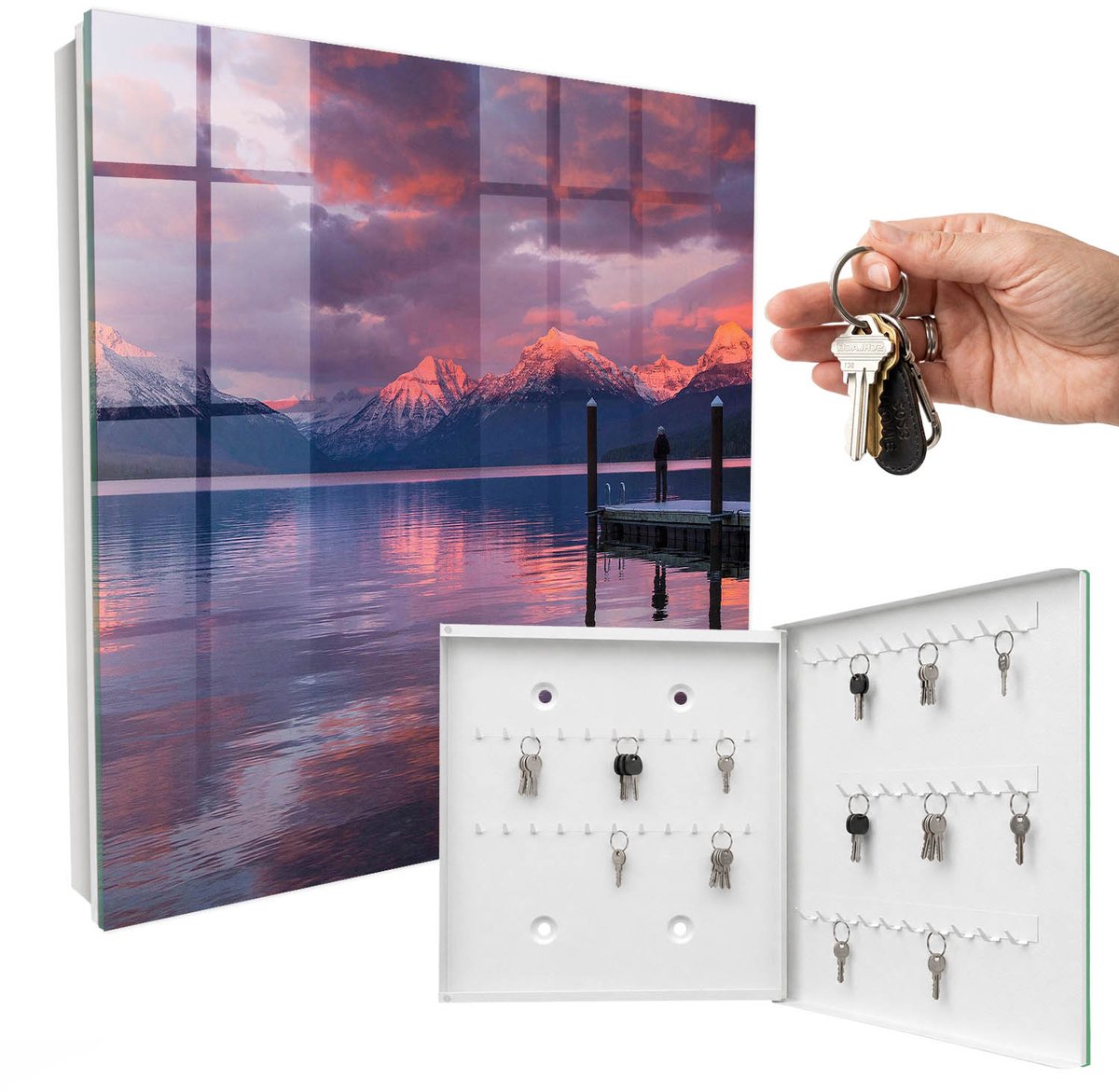 WallMuralia - Sleutelkast - 30x30x5 cm - met 50 haken - Bergmeer Sleutelkastje Industrieel - Roze Sleutelbox - Rechtsopenend - Wit interieur