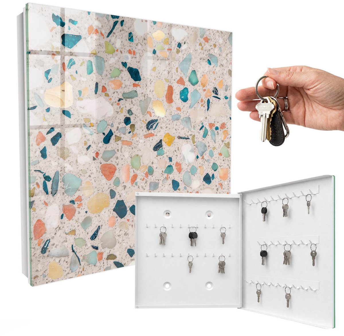 WallMuralia - Sleutelkast - 30x30x5 cm - met 50 haken - Kleurrijk Mozaïek Design Sleutelkastje - Beige Sleutelbox - Rechtsopenend - Wit interieur